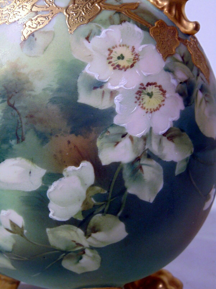 Japanese Nippon Porcelain Vase Elephant Handles Lion's Feet Swan White Roses