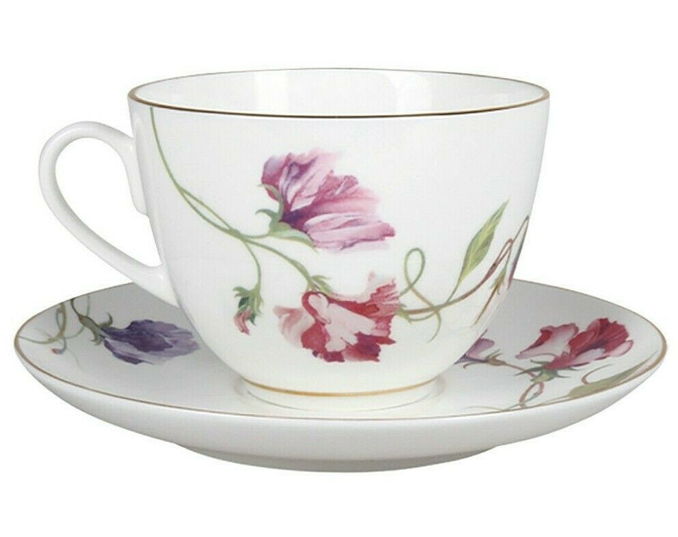 Imperial Porcelain Teacup & Saucer, Blooming Pea Floral Pattern, LOMONOSOV, LFZ