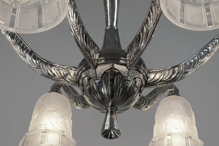 HETTIER & VINCENT : 1930 french art deco chandelier in nickel plated bronze