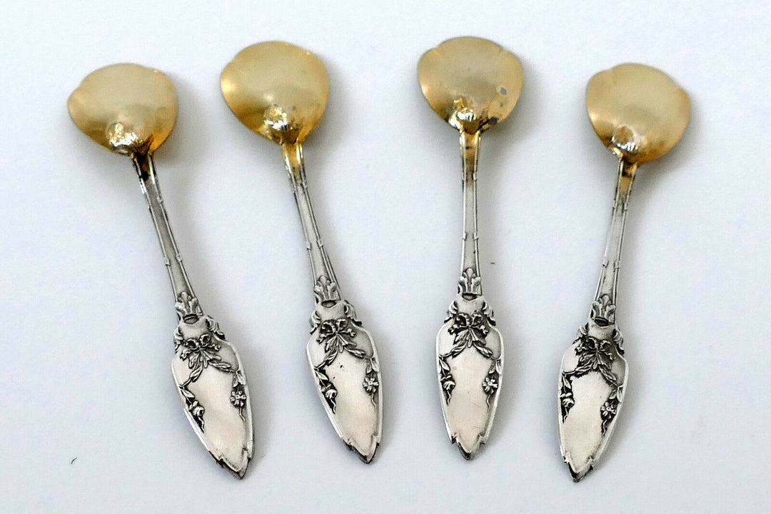 Collet French Sterling Silver 18k Gold Set 4 Salt Cellars, Spoons, Original box