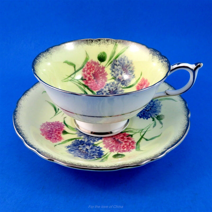 パラゴン　イエロー地に華麗なピンク＆ブルーのコーンフラワー　カップ&ソーサー