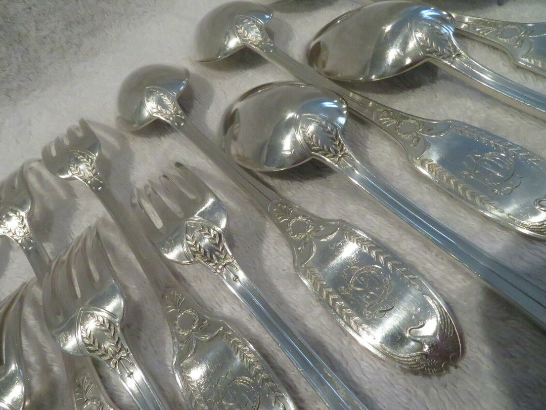 1900 French sterling 950 silver 6 dinner forks 6 soup spoons E Puiforcat swan