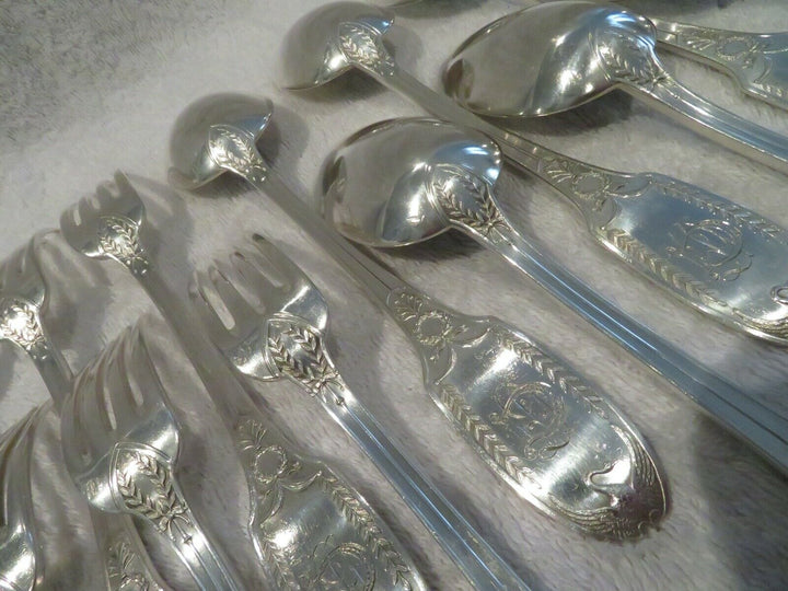 1900 French sterling 950 silver 6 dinner forks 6 soup spoons E Puiforcat swan