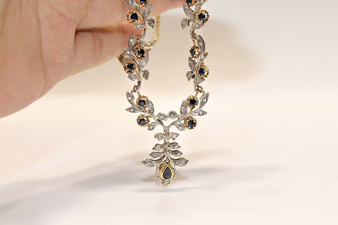 ヴィンテージ 18K ゴールド、シルバー、ローズカットダイヤモンド、サファイアのネックレス