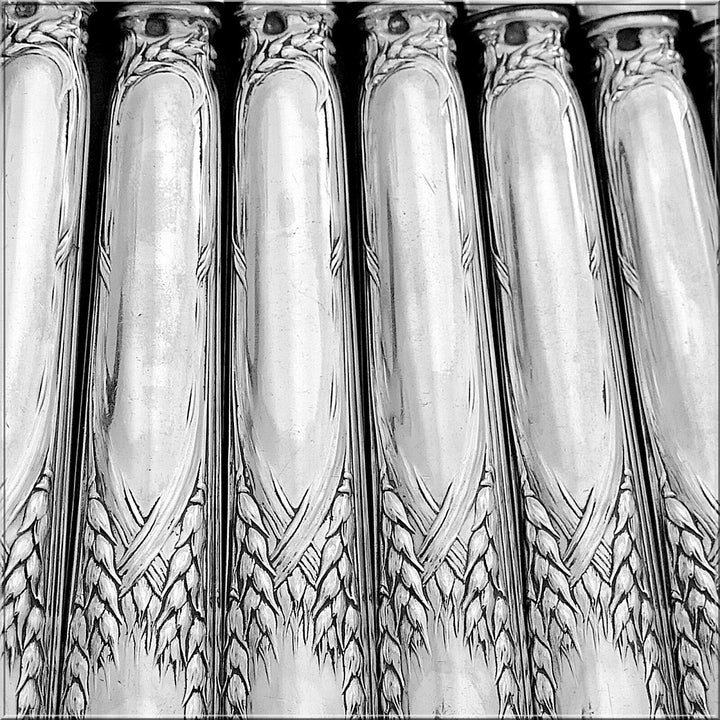 Puiforcat Rare French Sterling Silver Dinner Knife Set 12 Pc, Wheat, Art Nouveau
