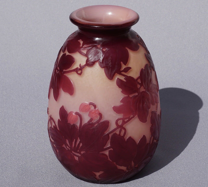 French Emile Galle Blown Out Soufle Vase Red Pink Clematis Flowers