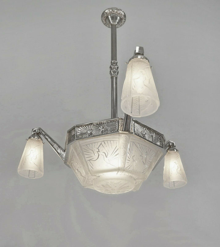 FRENCH 1930 ART DECO peacock CHANDELIER BY MULLER FRERES ..... bronze