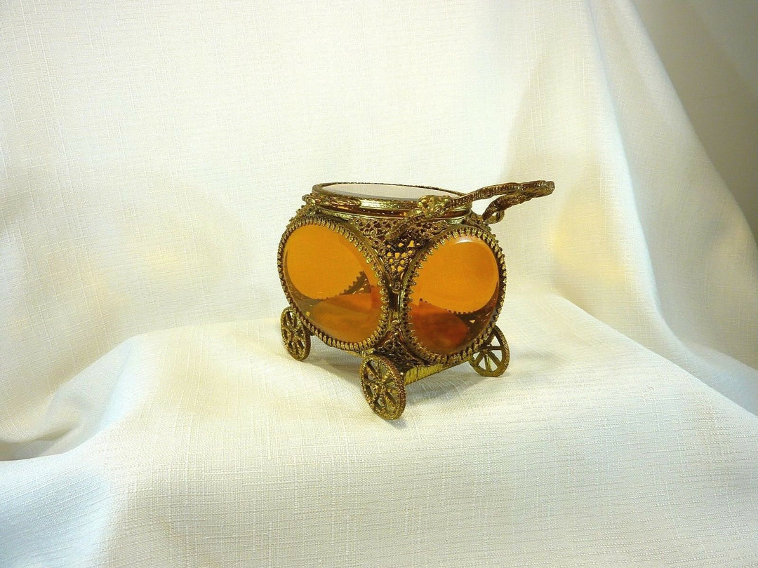 Vintage Ormolu 24k Gold Plate Amber Colour Beveled Glass Jewel Casket