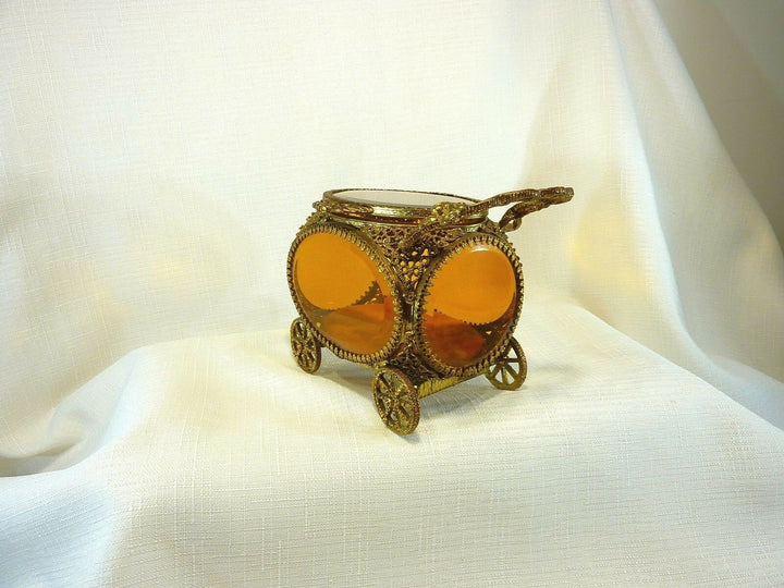 Vintage Ormolu 24k Gold Plate Amber Colour Beveled Glass Jewel Casket