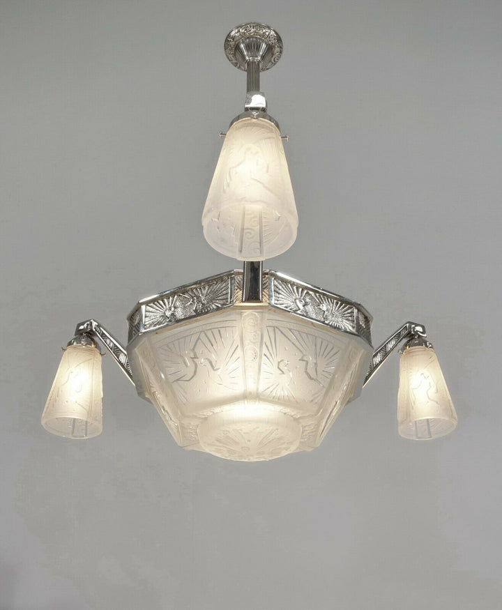 FRENCH 1930 ART DECO peacock CHANDELIER BY MULLER FRERES ..... bronze