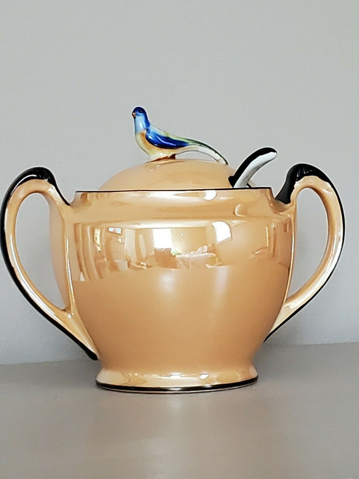 *RARE* Noritake Peach Lustre Bird Finial Sugar Bowl & Original Porcelain Spoon!
