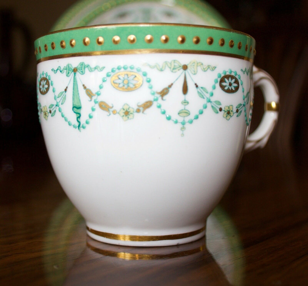 MINTON PORCELAIN TRIO - 1889 MARK - GREEN, GILT AND BLUE ENAMEL SWAGGING ETC.