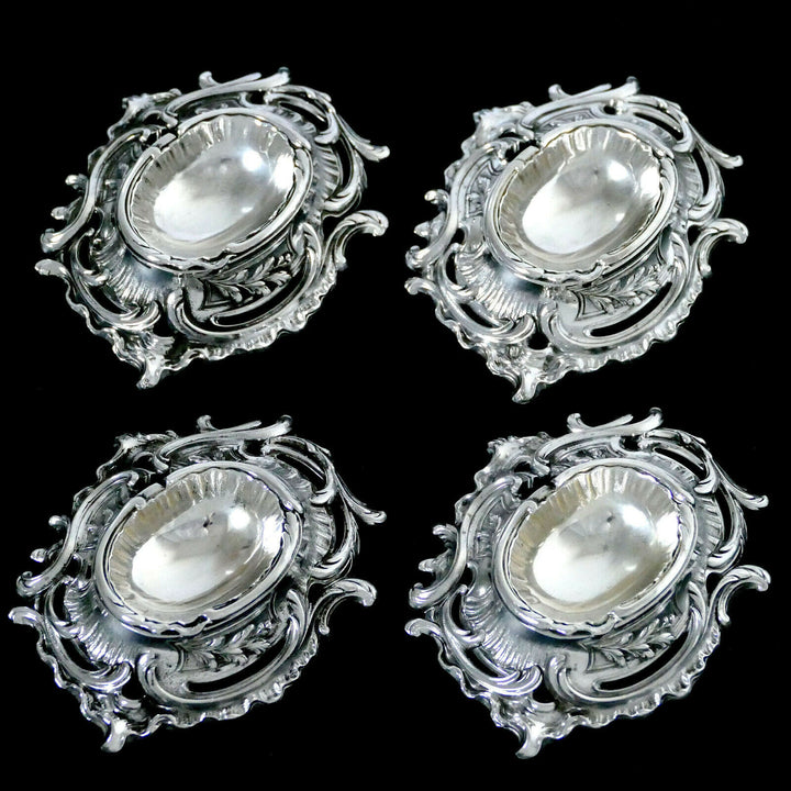 Puiforcat Rare French Sterling Silver 4 Salt Cellars, Spoons, Original Box