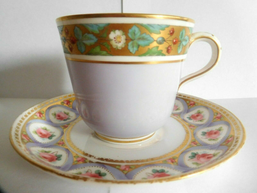 MISMATCHED ANTIQUE (1866) PURPLE MINTON ENAMELLED ROSE STRAWBERRY CUP AND SAUCER