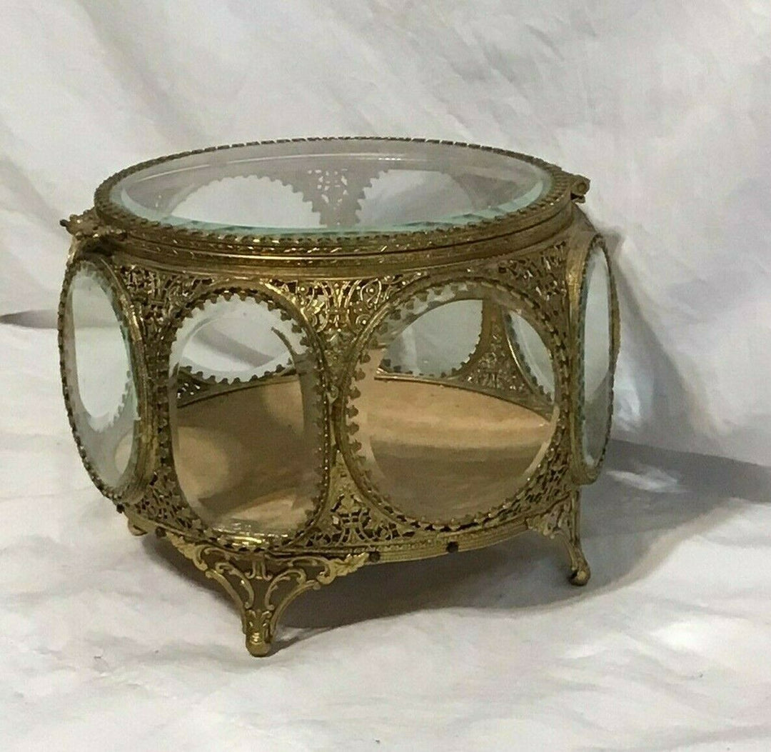 Vintage Filigree Ormolu Jewelry Casket 8 Sided Beveled Glass Ornate Trinket Box