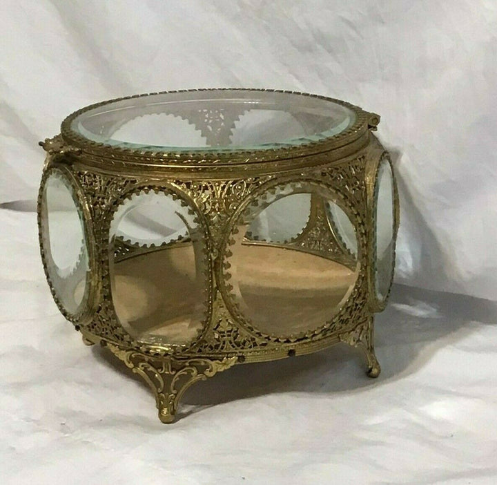 Vintage Filigree Ormolu Jewelry Casket 8 Sided Beveled Glass Ornate Trinket Box