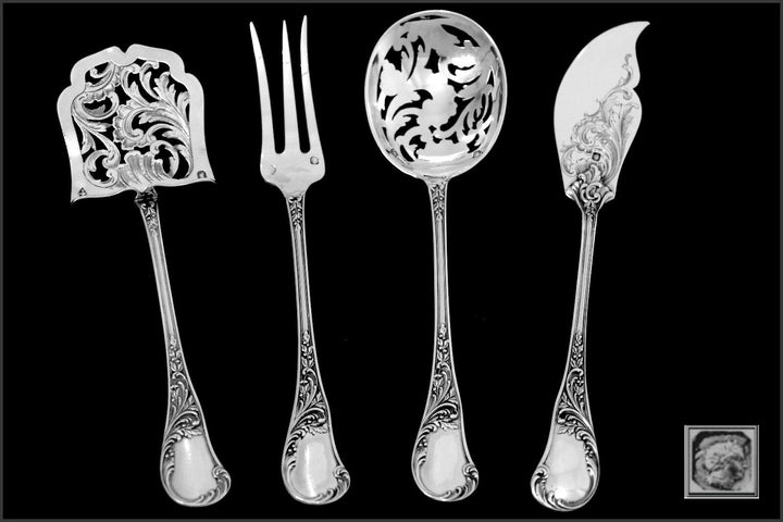 Queille French All Sterling Silver Dessert Hors D'oeuvre Set 4 pc w/box Rococo