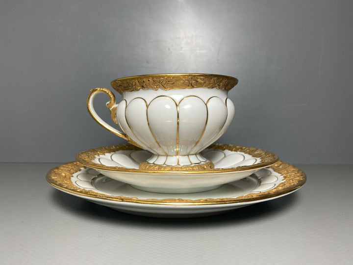 MEISSEN PRUNK KAFFEE GEDECK 3-TLG TASSE UT TELLER X-FORM VIEL GOLD GOLDBRONZE