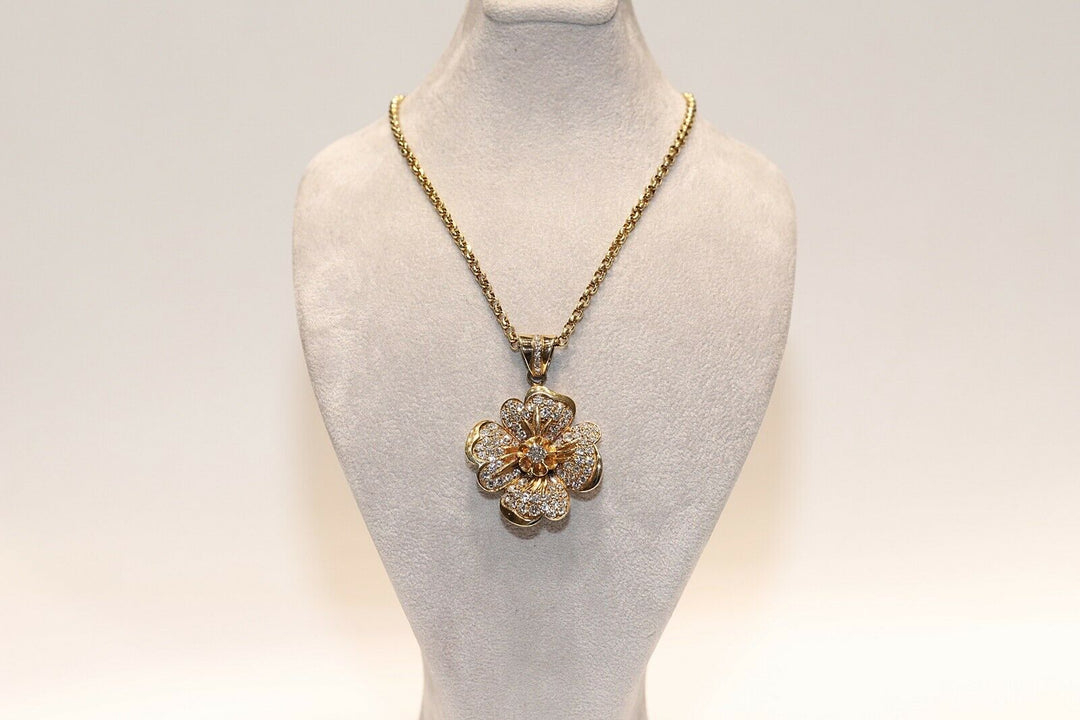 ビンテージ オリジナル 18K ゴールド 天然ダイヤモンド 装飾フラワーネックレス