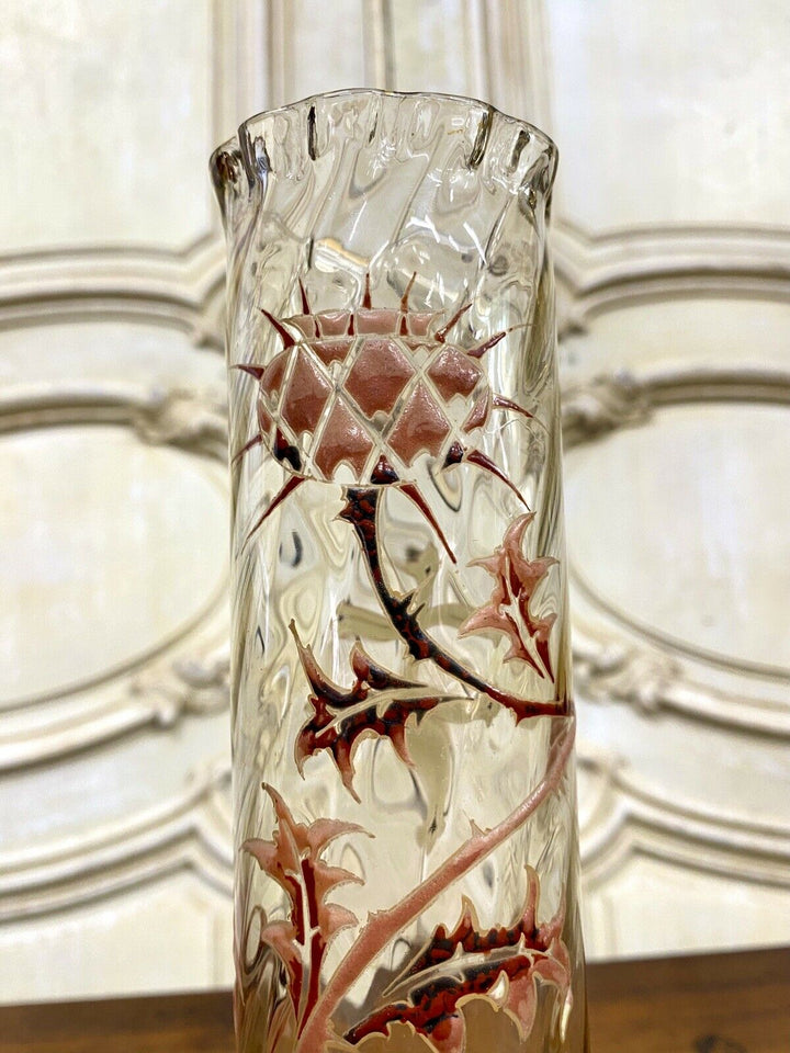 Émile Gallé - Vase Tube En Verre Dit «Chardon De Lorraine», Art Nouveau - 27cm