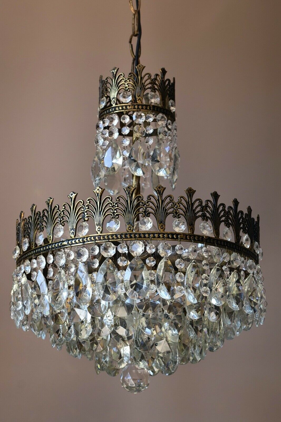 Brass Vintage Crystal Chandelier, Antique Lighting, lamp, Ceiling Light Pendant