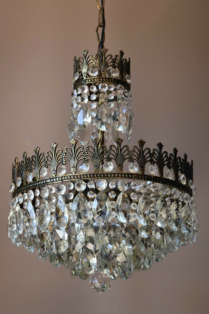 Brass Vintage Crystal Chandelier, Antique Lighting, lamp, Ceiling Light Pendant