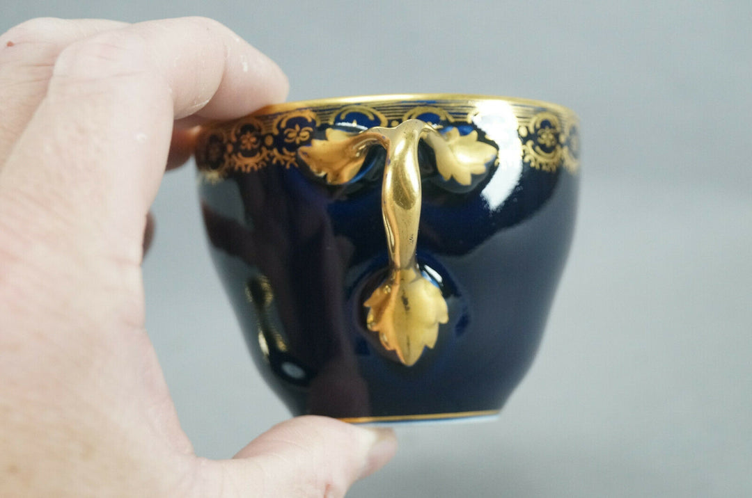 KPM Berlin Hand Painted Floral Cobalt & Gold Entwined Handle Tea Cup & Saucer C