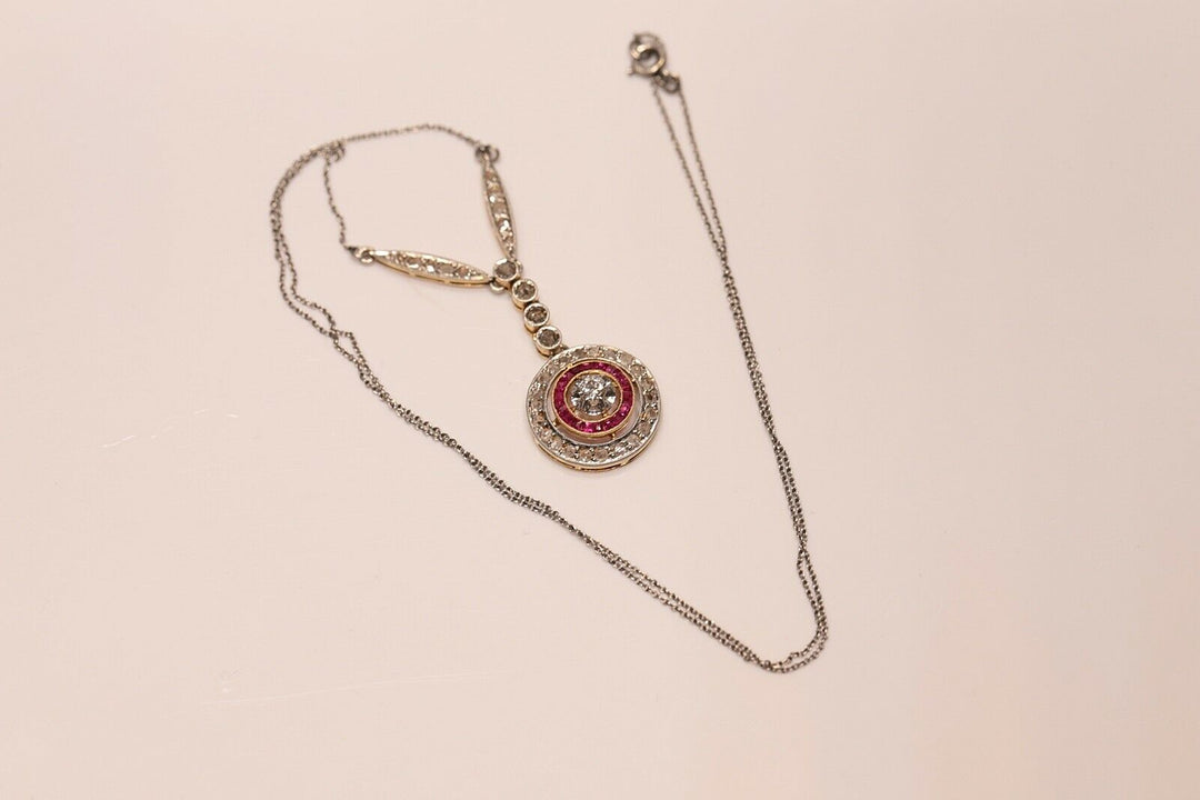 アンティーク アールデコ 18K ナチュラルダイヤモンドとルビーのネックレス