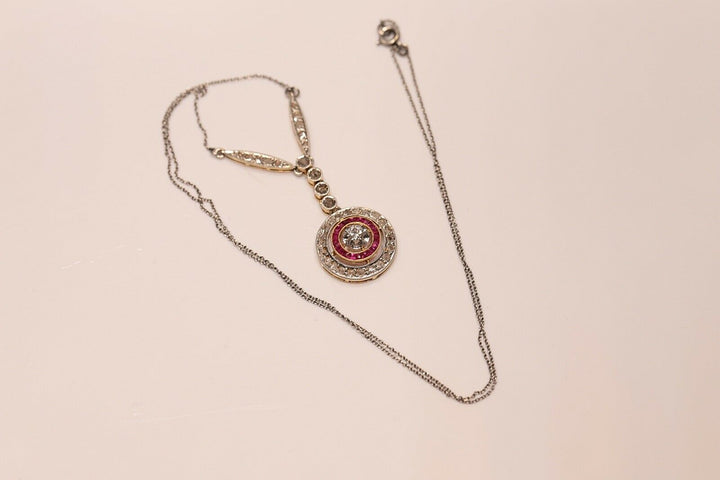 アンティーク アールデコ 18K ナチュラルダイヤモンドとルビーのネックレス