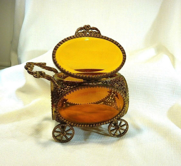 Vintage Ormolu 24k Gold Plate Amber Colour Beveled Glass Jewel Casket