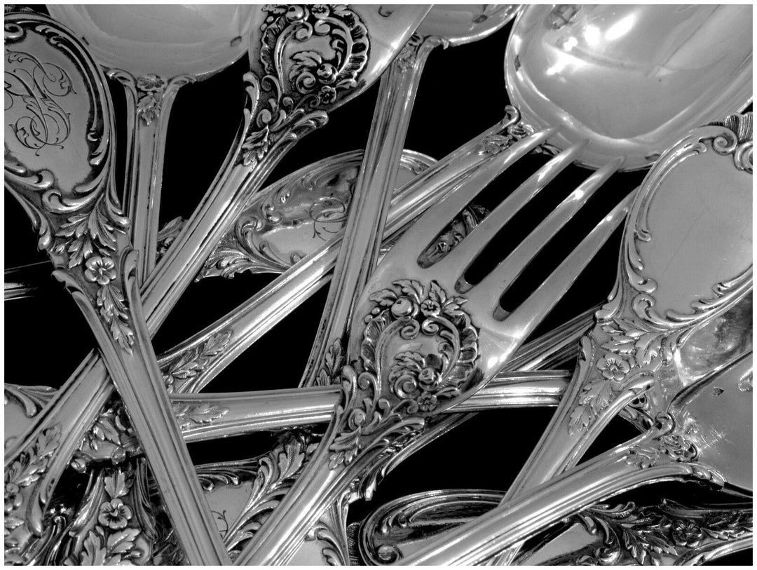 Puiforcat Fabulous French Sterling Silver Dinner Flatware Set 12 pc Roses