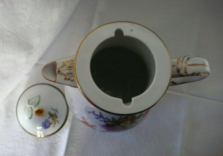 Große Kaffeekanne Meißen Schwertermarke Porzellan reiche Blumenmalerei , A-Kante