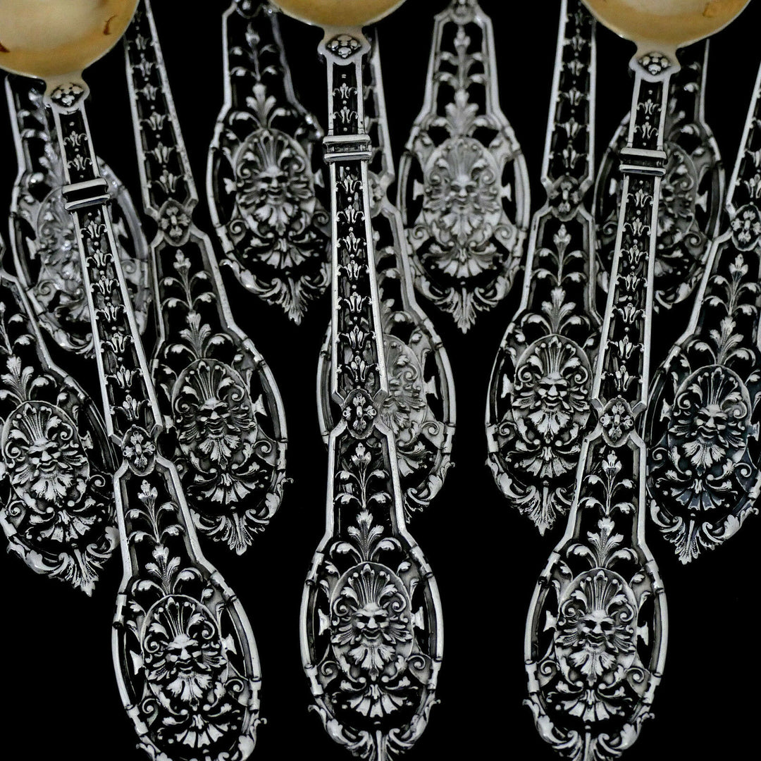 Puiforcat Masterpiece French Sterling Silver 18k Gold Dessert Set 15 pc Mascaron