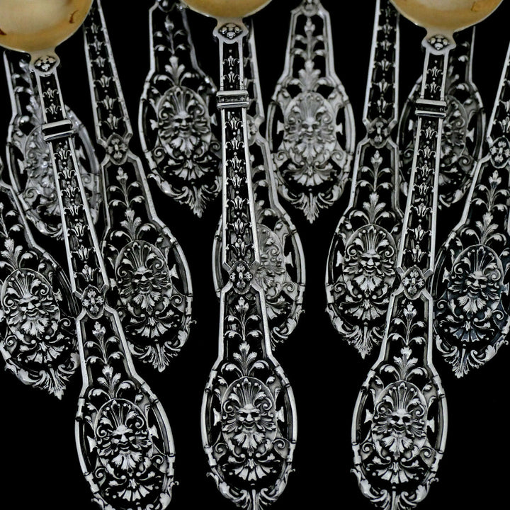 Puiforcat Masterpiece French Sterling Silver 18k Gold Dessert Set 15 pc Mascaron