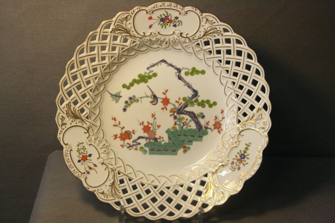 GROßER 28,5CM PRUNK TELLER FELS,AST,BLUMEN VOGEL MALEREI KAKIEMON MEISSEN 1.WAHL