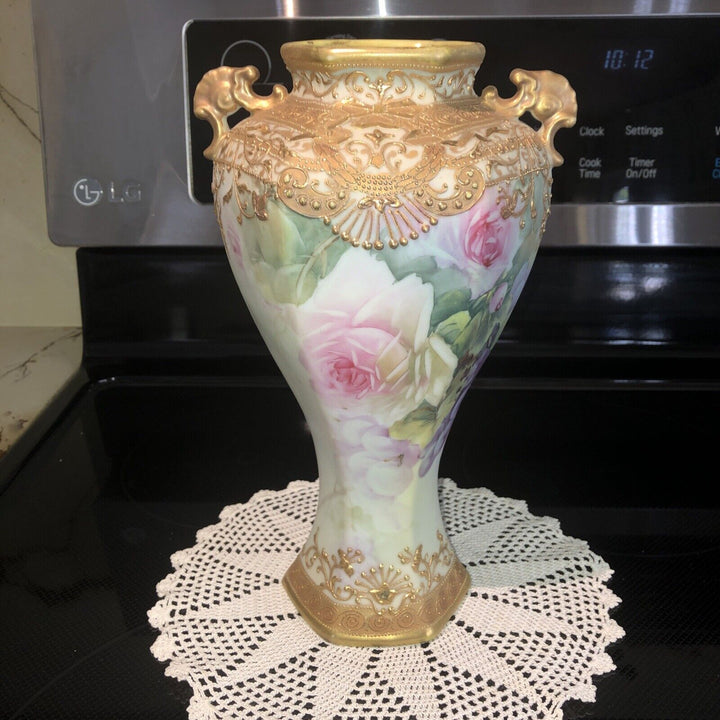 オールドノリタケ　メイプルリーフ印　ピンクローズと金彩の高級花瓶