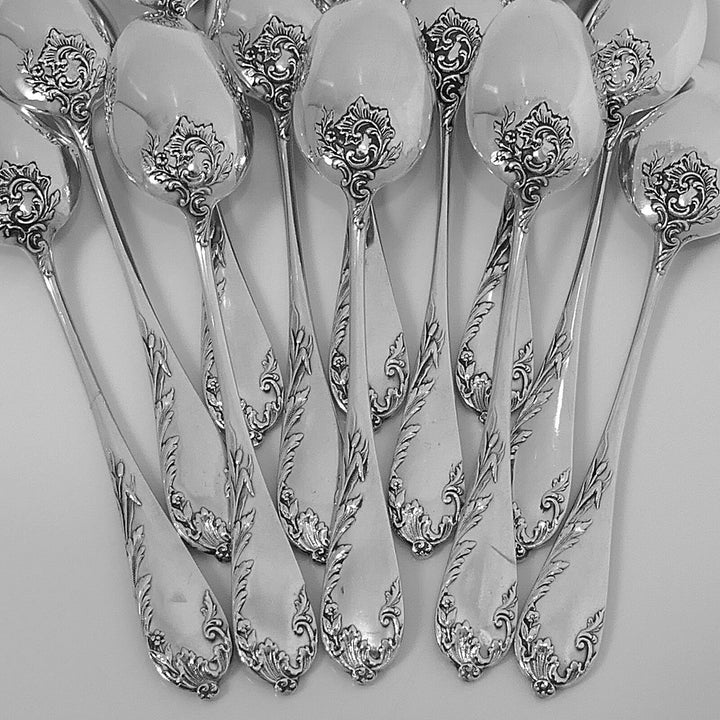 Debain French Sterling Silver Tea Coffee Spoons Set 12 pc, Art Nouveau