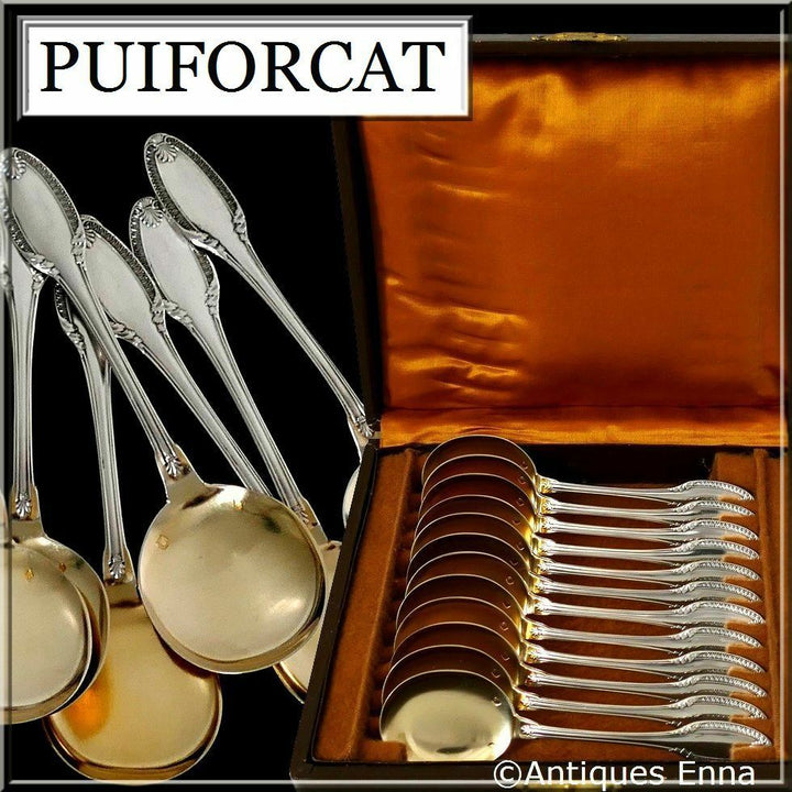 Puiforcat French Sterling Silver 18k Gold Ice Cream Spoons set 12 pc Palmette