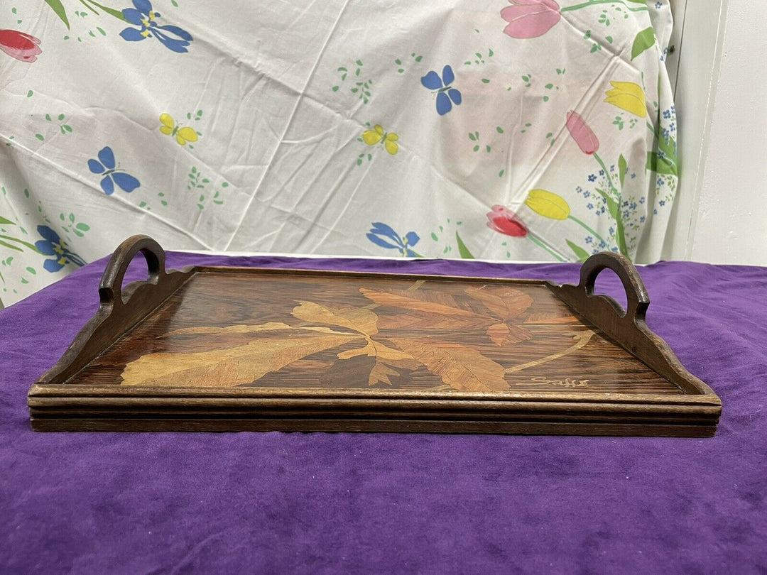 ANCIEN PLATEAU MARQUETERIE SIGNE GALLE ÉPOQUE ART NOUVEAU NOYER