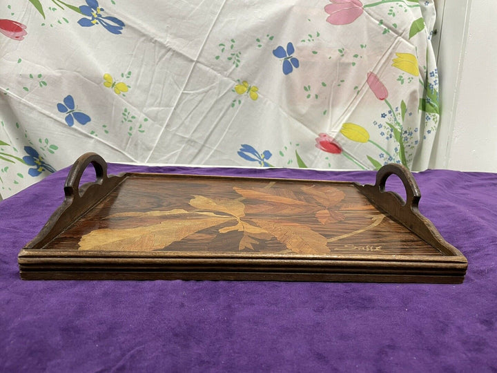 ANCIEN PLATEAU MARQUETERIE SIGNE GALLE ÉPOQUE ART NOUVEAU NOYER