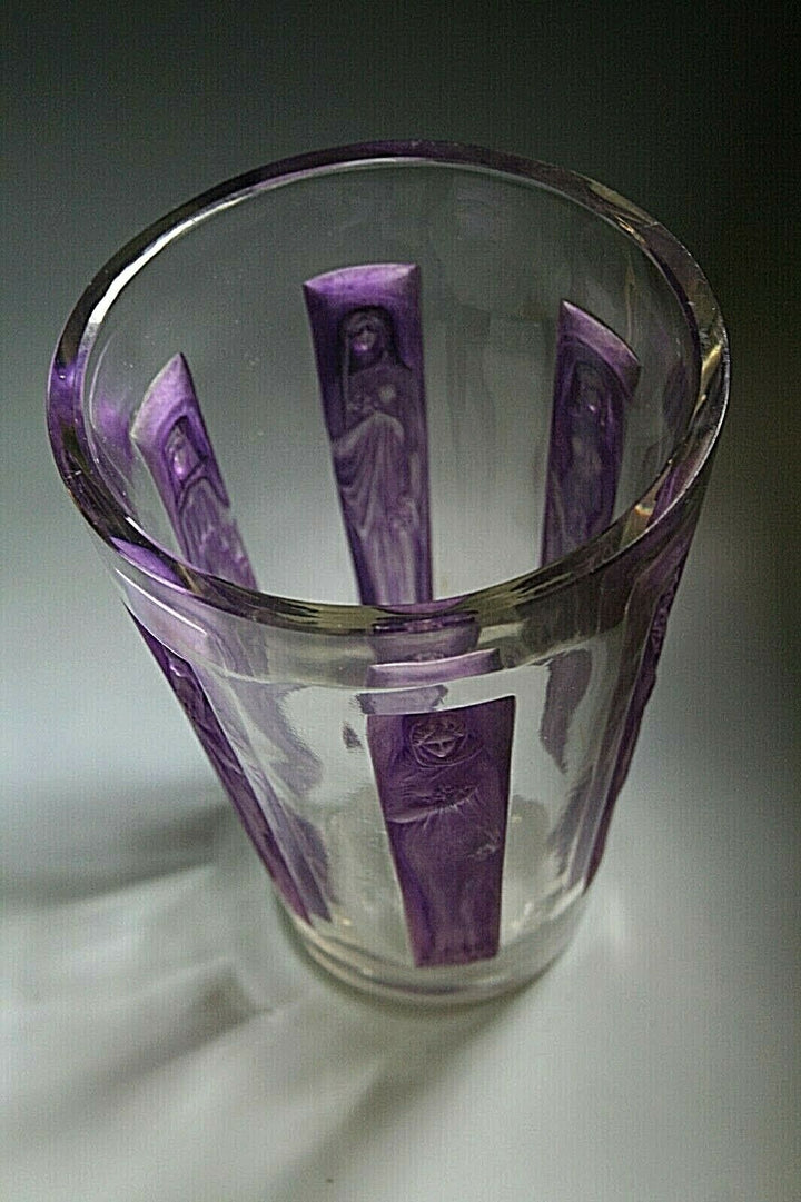 RENE LALIQUE " SIX FIGURINES " GLASS VASE WITH PURPLE PATINA