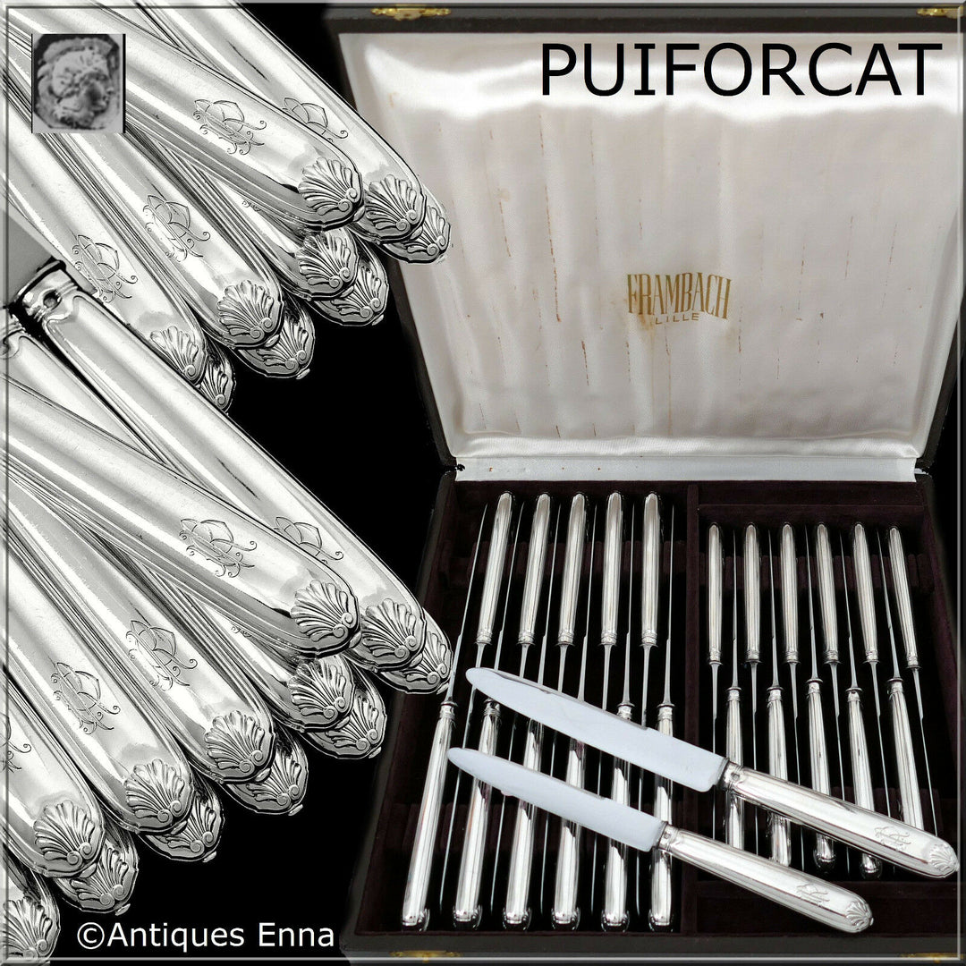 Puiforcat French Sterling Silver Dinner Dessert Knife Set 24 Pc, box, Shell