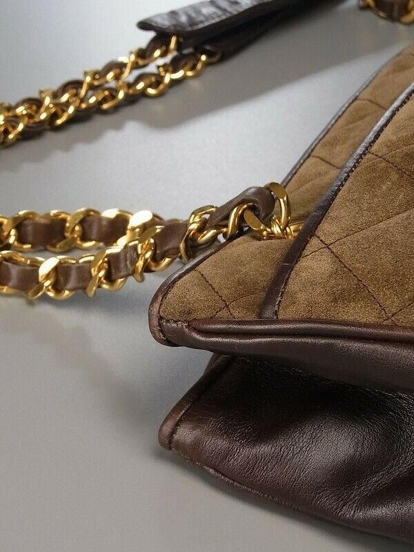 AUTH CHANEL Brown Gold Suede TOTE SHOULDER BAG