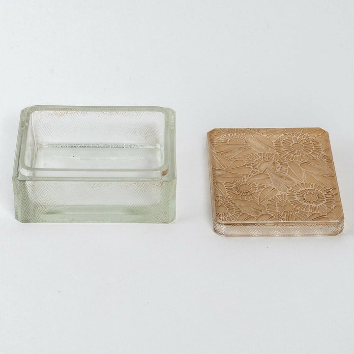 Boite Zinnias Verre Patiné Sépia René Lalique Stained Flowers Box Jar R.Lalique