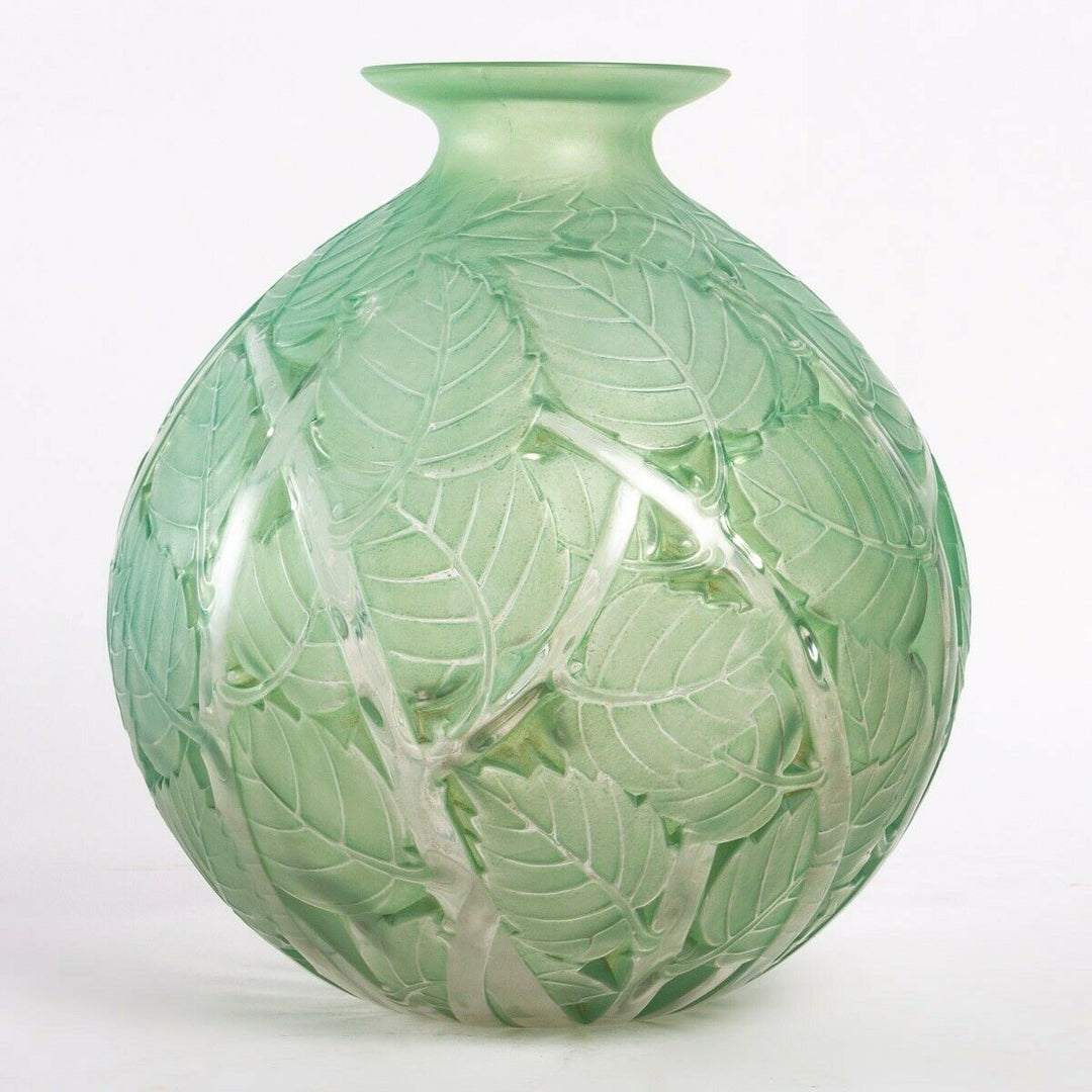 Vase Milan Verre Patine Vert René Lalique R.Lalique Green Stained Glass Leaves