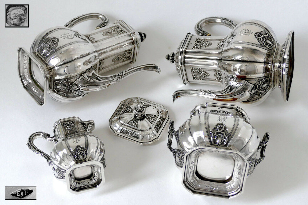Puiforcat French Sterling Silver 18k Gold Tea, Coffee Set 4 pc, Regency