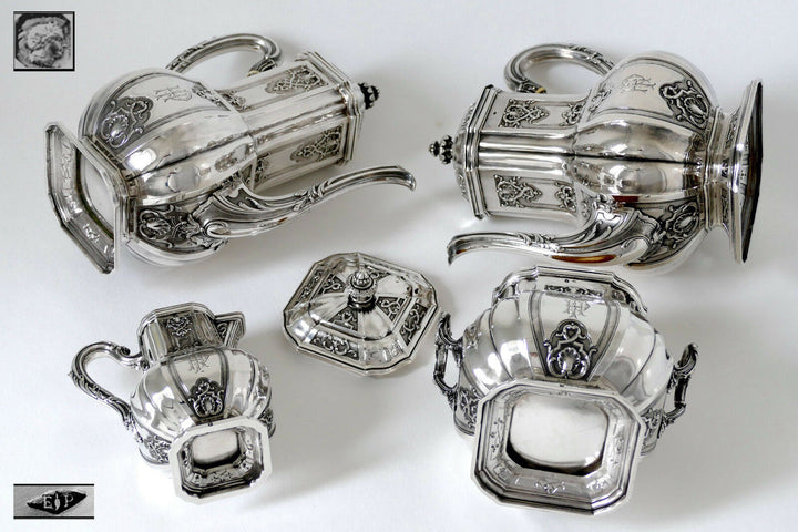 Puiforcat French Sterling Silver 18k Gold Tea, Coffee Set 4 pc, Regency