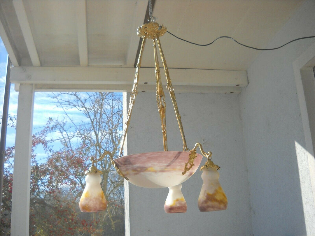 MULLER FRERES ( Croismare ) Deckenlampe Pate de verre Messing