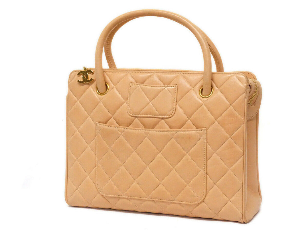 AUTH CHANEL BEIGE Quilted Lamb skin Leather Gold Medallion