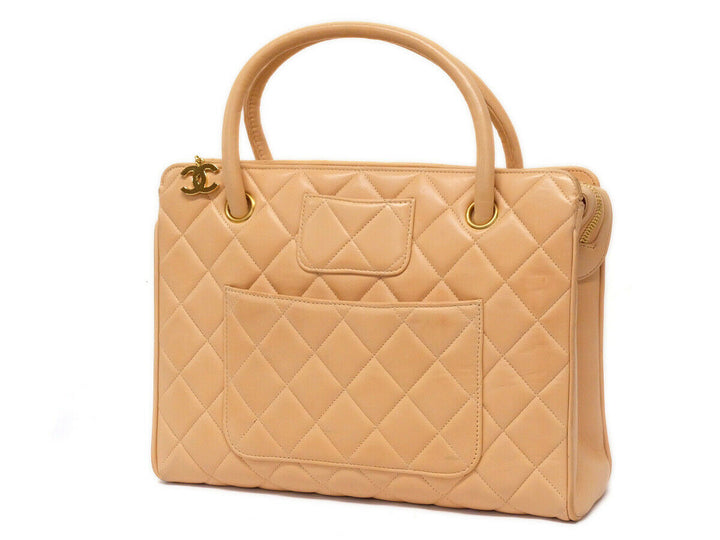 AUTH CHANEL BEIGE Quilted Lamb skin Leather Gold Medallion